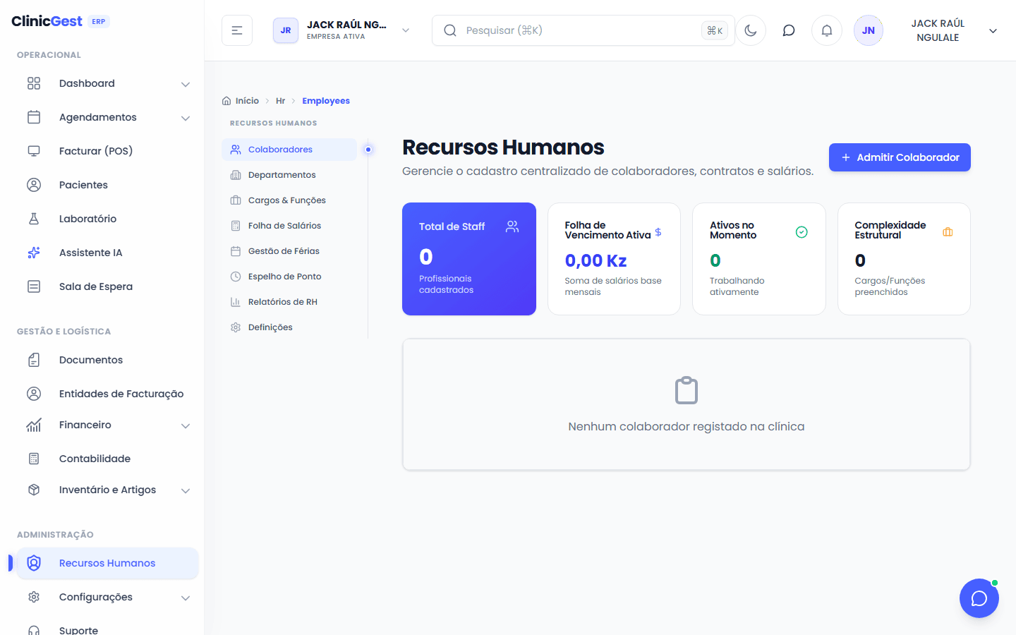 Ecrã de recursos humanos no ClinicGest ERP