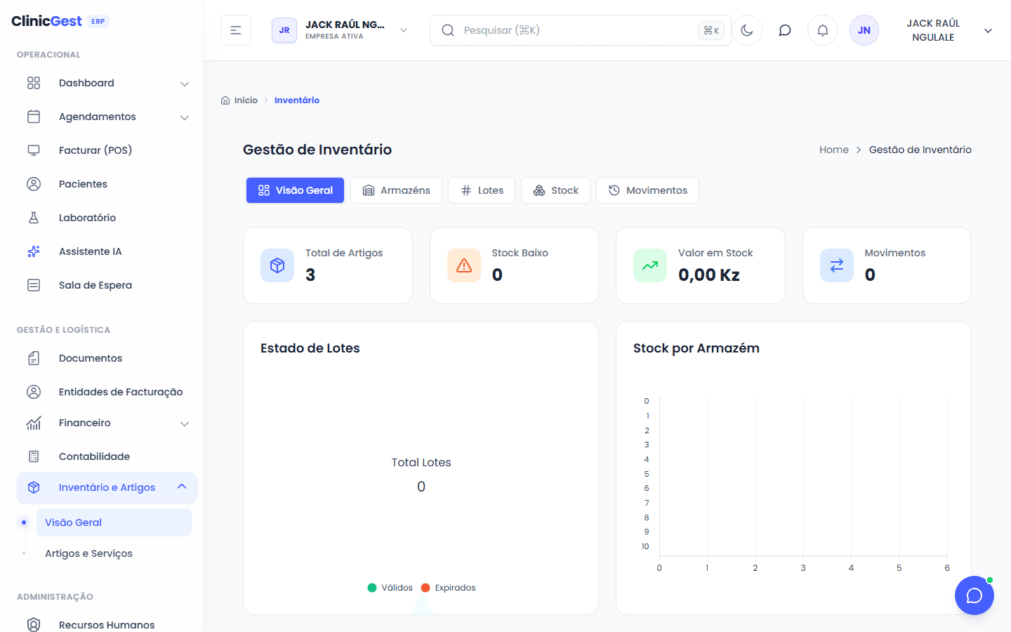 Ecrã de gestão de stock no ClinicGest ERP