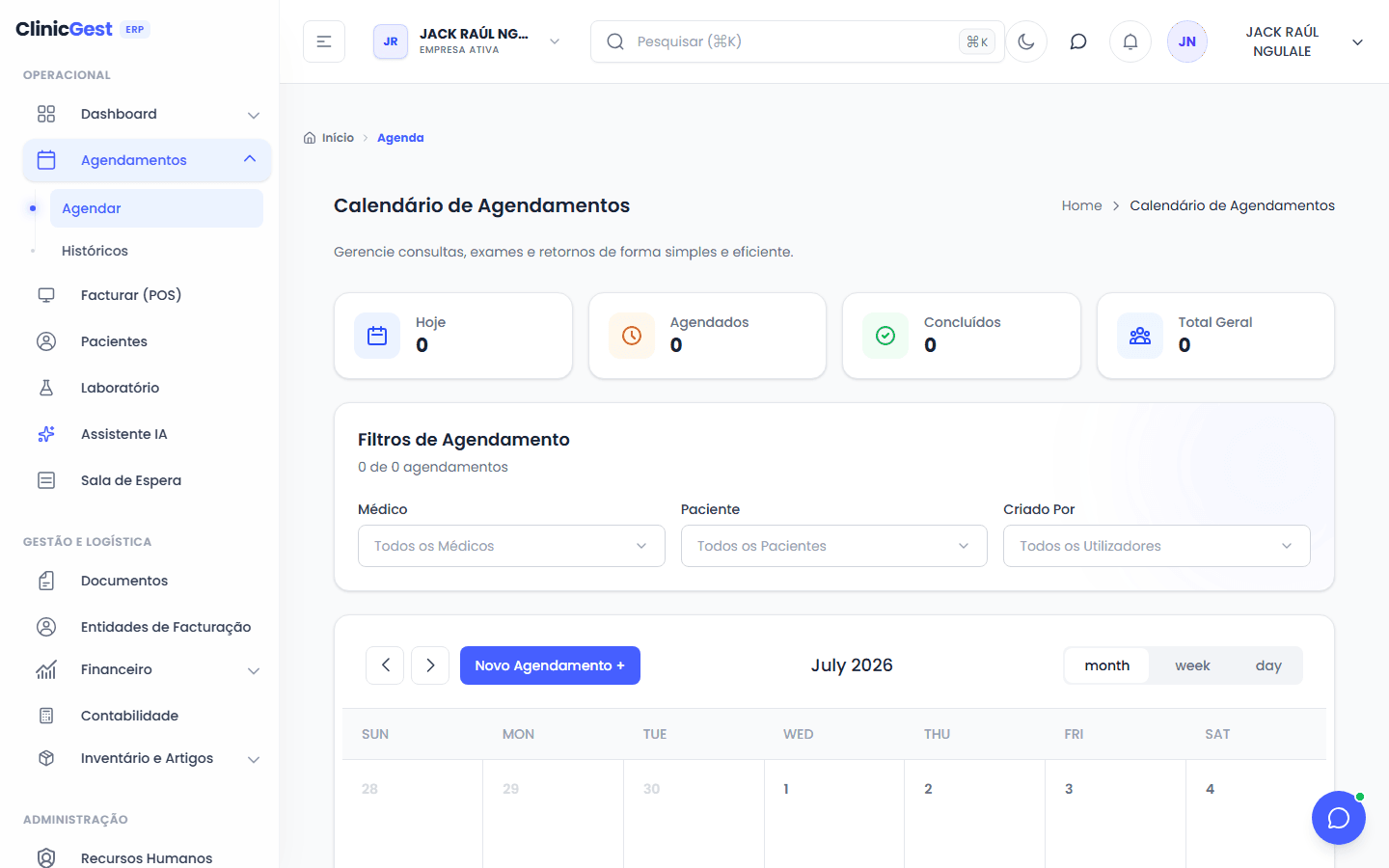 Ecrã de agenda e consultas no ClinicGest ERP
