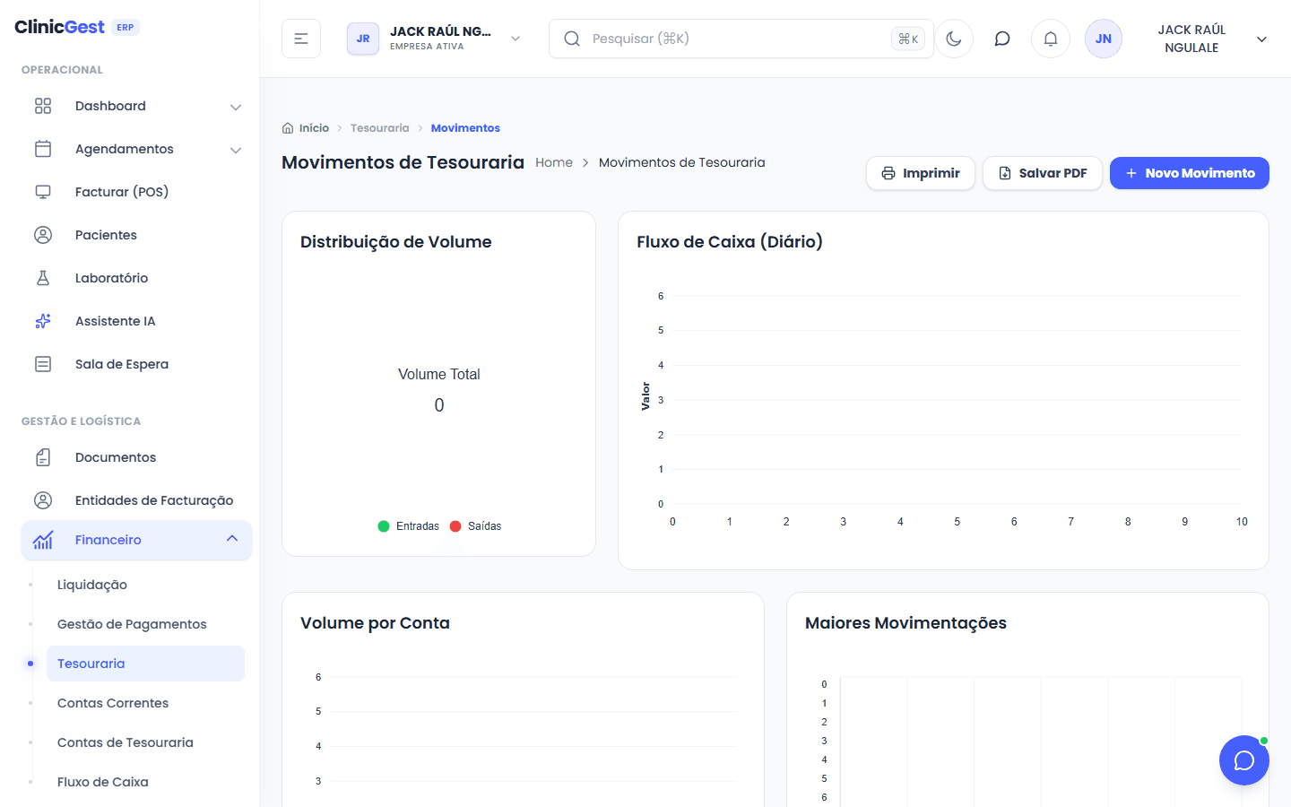 Ecrã de tesouraria e movimentos financeiros no ClinicGest ERP